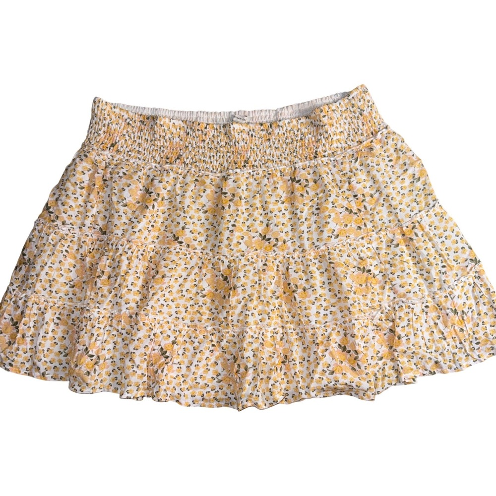 American Eagle Mini Skirt XXL Yellow Floral‎ Smocked Tiered Ruffle